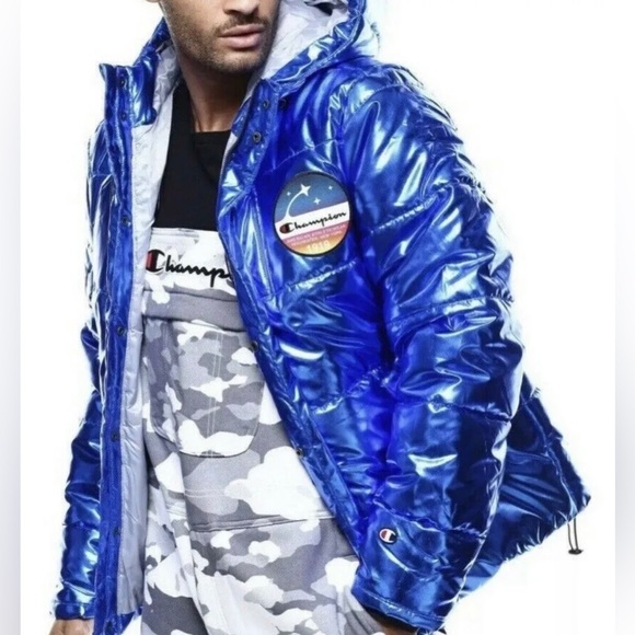 NEW Champion x NASA Blue Metallic Full Zip Space Puffer Jacket